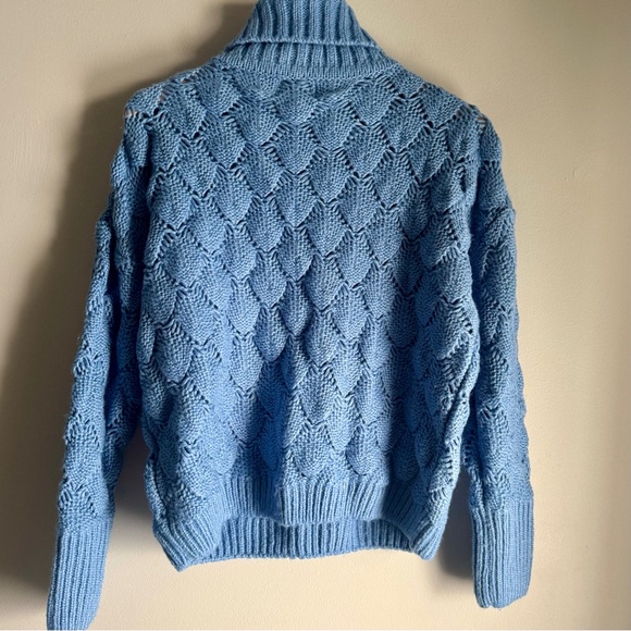 FRNCH Paris Blue Bubble Stitch Open Knit Turtleneck Sweater Size M/L - Picture 3 of 8